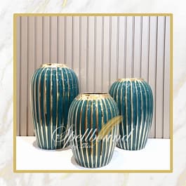 Gold Strips Emerald Green Vases Set