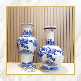 Oriental Design Blue & White Ancient Pottery Vases Set