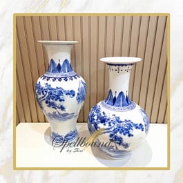 Oriental Design Blue & White Ancient Pottery Vases Set